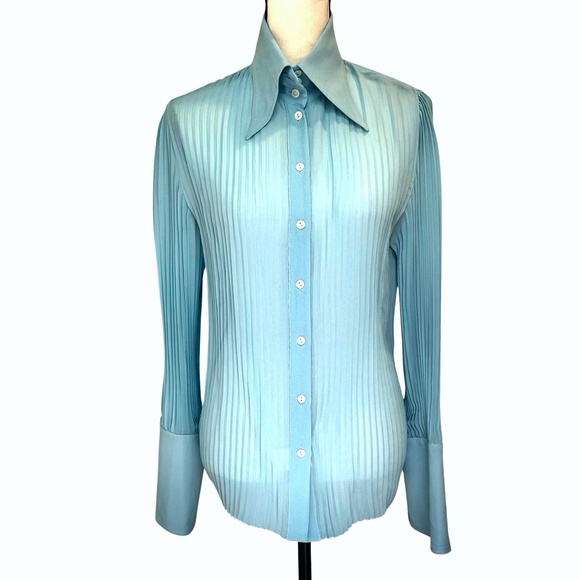 DOLCE & GABBANA GREEN PLEATED BUTTON UP SILK CHIFFON W COLLAR & FRENCH CUFFS - Picture 1 of 14